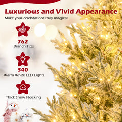 6/7/8 Feet Pre-Lit Artificial Christmas Tree Hinged Snow Flocked Xmas Tree