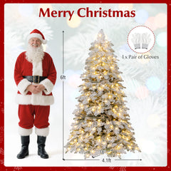 6/7 Feet Artificial Snow-flocked Christmas Tree Pre-lit Hinged Xmas Tree with 130 Twinkle Balls