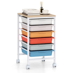 6-Drawer Rolling Storage Cart with Wooden Tabletop