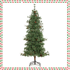 6/7/8 Feet Artificial Christmas Tree Pre-lit Hinged Xmas Tree with Warm White LED Lights and Pine Cones
