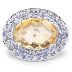 5.78 Carat Genuine Citrine and Tanzanite .925 Sterling Silver Ring