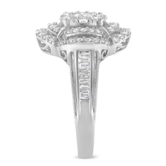 14K White Gold 1.0 Cttw Round & Baguette Cut Diamond Floral Cluster Quatrefoil Channel Set Band Cocktail Statement Ring (H-I Color, SI2-I1 Clarity) - Size 6-3/4