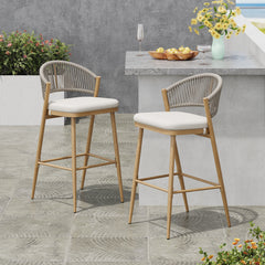 Outdoor Bar Height Aluminum Frame Counter Stools with Scallop-shaped Backrest & Water-resistant Cushions