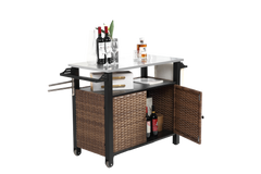 Outdoor Kitchen Wicker Island Rolling Cart & Storage Cabinet Brown
