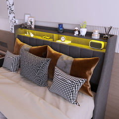 Bed With LED Lights, 4 Drawers, Winged Headboard Upholstered