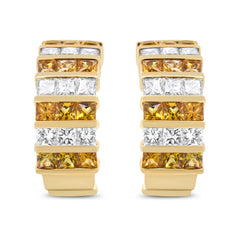 18K Yellow Gold 1 3/4 Cttw Invisible Set Princess Cut Diamond and 2.5mm Yellow Sapphire Huggie Hoop Earrings (F-G Color, VS1-VS2 Clarity)