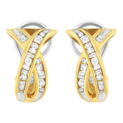 14K Yellow and White Gold 1/2 TDW "X" Shape Cross Over Diamond Hoop Earrings (I-J, I2-I3)