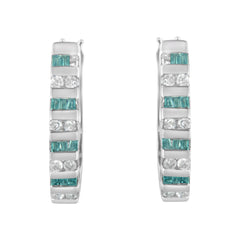 10k White Gold Round and Blue Baguette 1/2 cttw Diamond Hoop Earrings (I-J Color, I2-I3 Clarity)