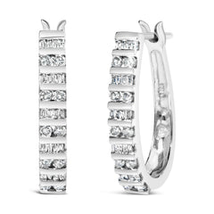 10K White Gold 1.0 Cttw Alternating Diamond "U" Hoop Earrings (I-J Color, I2-I3 Clarity)