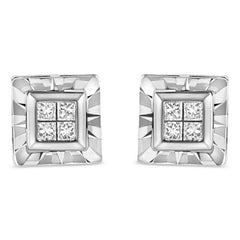 .925 Sterling Silver 1/6 Cttw Invisible Set Princess-Cut Diamond Quad Composite Stud Earrings (H-I Color, I1-I2 Clarity)