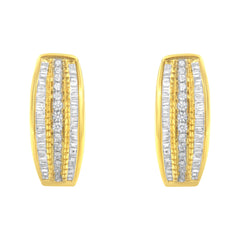 10K Yellow Gold 3/4 Cttw Pave and Channel Set Diamond Triple Row Modern Hoop Earrings (I-J Color, I2-I3 Clarity)
