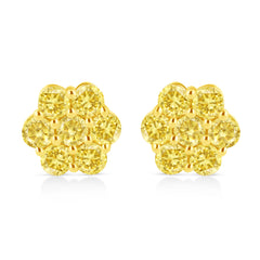 .925 Sterling Silver 1/4 Cttw Treated Yellow Diamond Floral Stud Earrings (Yellow Color, I1-I2 Clarity)