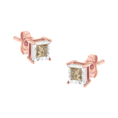 14K Rose Gold Plated Two-Tone .925 Sterling Silver 1/2 Cttw Princess-Cut Square Diamond Solitaire Miracle-Plate Stud Earrings (K-L Color, I2-I3 Clarity)