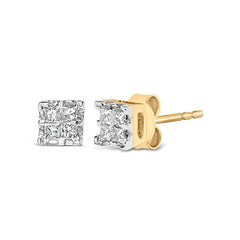 10k Yellow Gold Princess Diamond Quad Stud Earrings (1/4 cttw, J-K Color, I2-I3 Clarity)