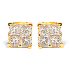 10K Yellow Gold 3/4 Cttw Invisible Set Princess-Cut Diamond Composite Square Stud Earrings (I-J Color, I2-I3 Clarity)