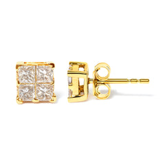 10K Yellow Gold 3/4 Cttw Invisible Set Princess-Cut Diamond Composite Square Stud Earrings (I-J Color, I2-I3 Clarity)