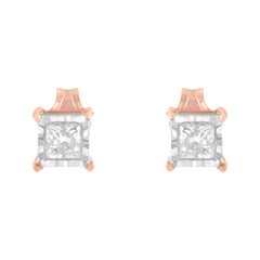 14K Rose Gold Plated Two-Tone .925 Sterling Silver 1/2 Cttw Princess-Cut Square Near Colorless Diamond Solitaire Miracle-Plate Stud Earrings (J-K Color, I2-I3 Clarity)