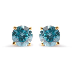 14K Yellow Gold 1.0 Cttw Treated Aqua Blue Diamond Classic Solitaire Stud Earrings (Aqua Blue Color, I2-I3 Clarity)