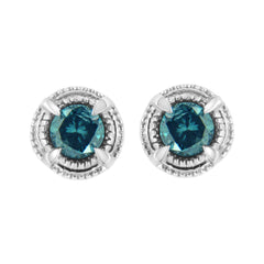 .925 Sterling Silver 1 cttw Treated Black Diamond Modern 4-Prong Solitaire Milgrain Stud Earrings (Black Color, I1-I2 Clarity)