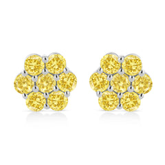 .925 Sterling Silver 1/4 Cttw Treated Yellow Diamond Floral Stud Earrings (Yellow Color, I1-I2 Clarity)