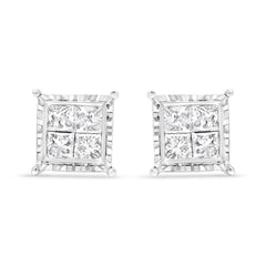 14K White Gold 1 1/2 Cttw Invisible Set Princess-Cut Diamond Contemporary Wavy Quad Stud Earrings (I-J Color, I1-I2 Clarity)