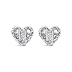 14K Yellow Gold Plated .925 Sterling Silver 1/2 Cttw Round and Baguette Diamond Composite Heart Shaped Stud Earring (I-J Color, SI2-I1 Clarity)