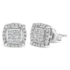 Sterling Silver 1/2 Cttw Princess Cut Diamond Composite and Halo Stud Earrings