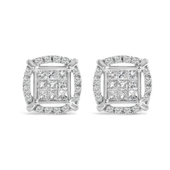 Sterling Silver 1 Cttw Princess Cut Diamond Square Halo Stud Earrings