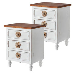 Rustic Dark Blue 3-Drawer Wooden Cabinet with Aged Finish & Floral Handles