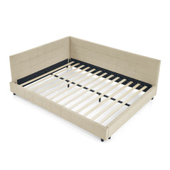 Mid-Century Storage Upholstered Tufted Bed Frame With Backrest And Armrests