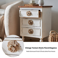Rustic Dark Blue 3-Drawer Wooden Cabinet with Aged Finish & Floral Handles