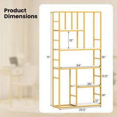 71 Inch Tall Bookshelf Metal Frame 5-Tier Geometric Bookcase-White & Golden