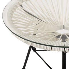 Modern NUSA Side Table with Tempered Glass Top and Polyethylene Rattan Base in White