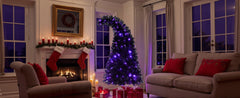 6Ft Curved Hat-Look Black Holiday Tree with Orange & Purple Lights