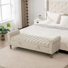 Wide Upholstered Storage Bench With Rolled Armrest Griege