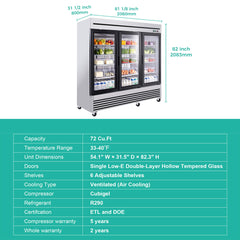 72 Cu.Ft Triple-Door Stainless Steel Commercial Reach-In Display Refrigerator (SAK26394)