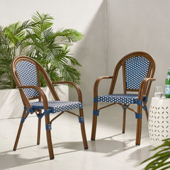 Bistro Chair With 2 Toned Checkered Pattern, (Set of 2) - White / Navy