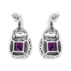.925 Sterling Silver 8MM Natural Cushion Shaped Amethyst and Diamond Accent Halo with Push Back Dangle Earrings (I-J Color, I2-I3 Clarity)