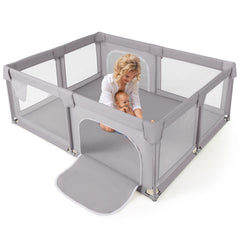 75 x 59 Inch Large Baby Playpen with Breathable Mesh and Zipper Doors-Gray