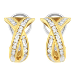 14K Yellow and White Gold 1/2 TDW "X" Shape Cross Over Diamond Hoop Earrings (I-J, I2-I3)