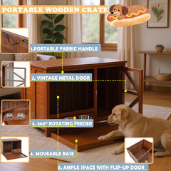 43" Solid Wood Dog Crate Furniture Foldable Indoor Kennel