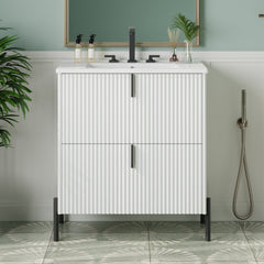 White Fluted Bathroom Vanity with Ceramic Sink and Soft Close Drawers