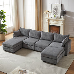 113.5'' Modular Sectional Corduroy Sofa with Storage Ottoman