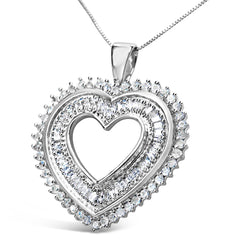 .925 Sterling Silver 1.0 Cttw Baguette and Round Diamond Heart Pendant 18" Necklace (H-I Color, I3 Clarity)