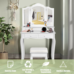 4 Drawers Wood Mirrored Vanity Dressing Table with Stool