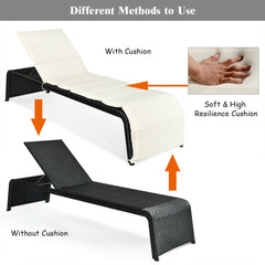 Patio Rattan Lounge Chair Back Adjustable Chaise Recliner with Cushioned-White