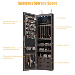 5 LEDs Lockable Mirror Jewelry Cabinet Armoire with 6 Drawers-Brown