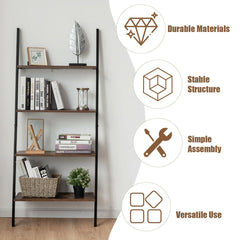 Multipurpose 4-Tier Industrial Leaning Wall Bookcase with Metal Frame