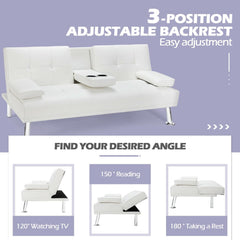 Convertible Folding Leather Futon Sofa with Cup Holders and Armrests