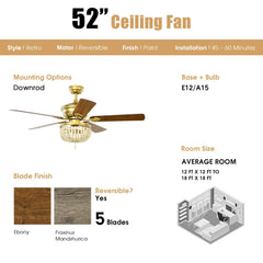 52 Inch Retro Ceiling Fan Light with Reversible Blades Remote Control